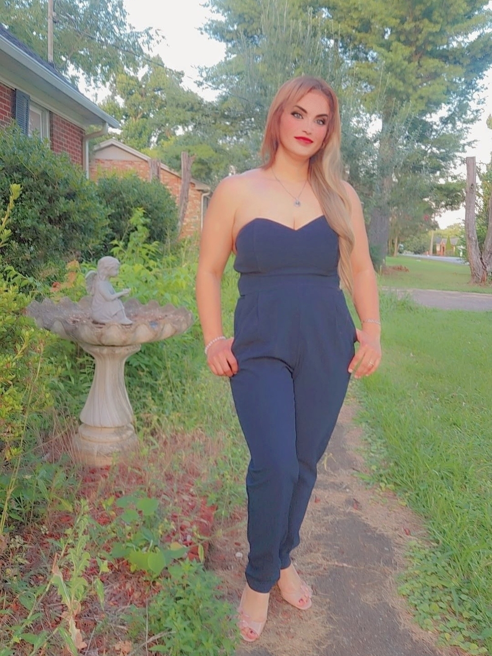 Adelyn Rae Strapless Navy Sweetheart-Neck Jumpsuit
